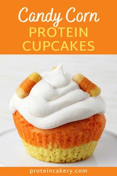 a close up of a cupcake on a plate with the words candy corn protein cupcakes