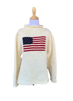 long sleeve ivory roll neck sweater with flag with red stripes and blue square with white stars in center of sweater Lobster Sweater, Flag Sweater, Cotton Sweaters, American Flag Sweater, Red Wagon, Roll Neck Sweater, Sweater Women's, Sweater Collection, Long Torso