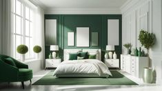 a bedroom with green walls and white furniture