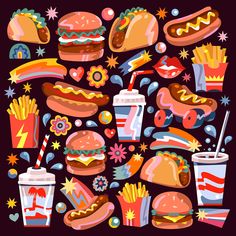 a bunch of fast food items that are grouped together on a black background with stars and confetti