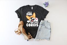 a t - shirt that says just a girl who loves corgis with a dog on it