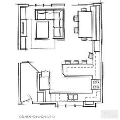 a drawing of a kitchen and living room with the floor plan drawn in black and white