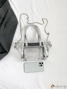 BirdinBag - Clear Contrast Edge Handbag with Metal Chain - Stadium Approved 12x12x6 Transparent Purse Bag Handheld Satchel With Chain Strap For Shopping, Trendy Silver Satchel For Shopping, Silver Handheld Bag With Chain Strap, Trendy Silver Rectangular Bag, Trendy Silver Satchel With Large Capacity, Silver Bag With Chain Strap For Daily Use, Trendy Silver Handheld Box Bag, Silver Bags With Chain Strap For Daily Use, Large Capacity Silver Crossbody Satchel