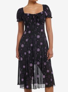 Shine like the night sky with this dreamy midi dress on! It features lavender celestial icons all over a black mesh top layer. Comes with an empire waist  puff sleeves and tie straps at the square neckline.95% polyester; 5% spandexWash cold; dry lowLength: 43"Stretchy materialImportedListed in junior sizesModel is 5'9"Model wears size Small Lavender Dress With Stars, Whimsigoth Clothes, Celestial Icons, Cosmic Aura, 90s Witch, Mesh Top Layering, Cutesy Outfit, Hot Topic Dresses, Disney Dragon