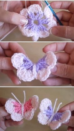 crocheted butterflies are being displayed in three different pictures, one is pink and the other is purple