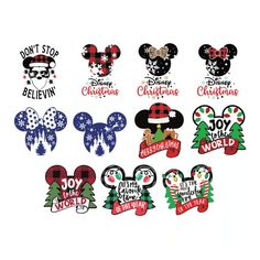 mickey and minnie mouse christmas stickers are shown in different colors, shapes and sizes