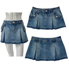 Channel your inner early 2000s icon with this ultra-flattering low rise denim pleated mini skirt. The A-line silhouette hugs your curves in all the right places, while the playful pleats add a touch of movement and fun. Made from high-quality, soft denim with a hint of stretch for comfort, this skirt is ready to take you from brunch with the besties to a night out on the town. Medium weight denim with statement Y2K distressing and flair.  Brand: Authentic Denim Material 74% cotton, 23% Polyester Y2k Denim Mini Skirt With Belt Loops, Y2k Denim Blue Mini Skirt With Pockets, Cotton Pleated Mini Denim Skirt, Denim Low Rise Pleated Mini Skirt, 2000 Fashion Trends, Vintage Denim Blue Mini Skirt, Denim Mini Skirt Outfit, Rok Mini, 90s Denim