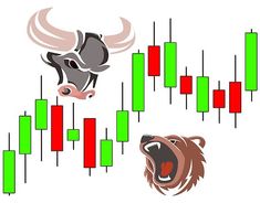 the bull and bear are facing each other in front of an ascending chart with candles