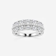 a white gold ring with three rows of diamonds