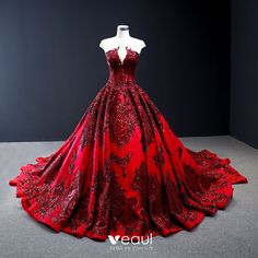 High-end Red Red Carpet See-through Evening Dresses 2020 A-Line / Princess Scoop Neck Sleeveless Appliques Lace Sequins Cathedral Train Ruffle Backless Formal Dresses Burgundy Ball Gown, Red Ball Gowns, Masquerade Ball Gowns, Maternity Dress Outfits, Cap Sleeve Prom Dress, Red Ball Gown, Satin Bridal Gowns, Red Wedding Dress, Dresses Design