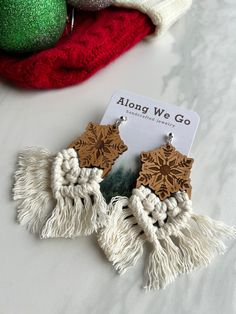 🌿laser cut wood 🌿hand knitted macrame  🌿Sterling silver earrings Macrame Snowflakes, Baseball Earrings, Macrame Christmas, Earrings Wood, Christmas Earrings, Laser Cut Wood, Leather Fringe, Handcrafted Jewelry, Beautiful Earrings