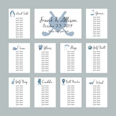 wedding seating cards with paddles and kayaks in blue on white paper, set of 12