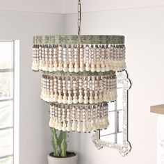 a chandelier hanging from the ceiling in a room with a potted plant