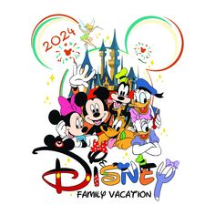 the disney family vacation logo with mickey mouse and other cartoon characters in front of it