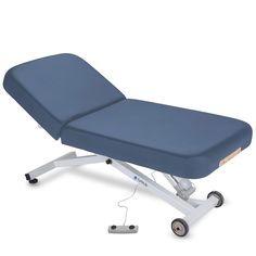 a blue and white medical bed with wheels