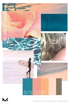 a woman walking on the beach with a surfboard in her hand and several different color swatches