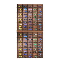 two wooden shelves filled with toy cars on top of each other