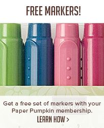 four colorful water bottles with the text free markers get a free set of markers with your paper pumpkin member learn how to use them