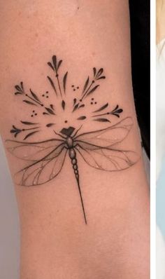 two pictures one with a dragonfly tattoo and the other with an arrow on it