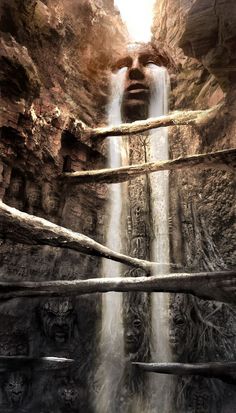 an artistic photo of a waterfall in the middle of some rocks and trees with faces carved into it