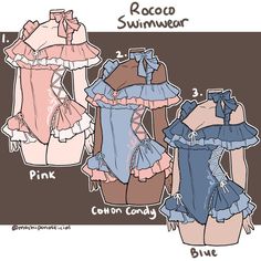 three different types of clothing are shown in this drawing style, including one with ruffles and the other with short sleeves