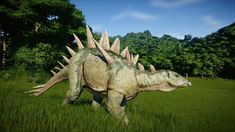 an image of a dinosaur that is walking in the grass with spikes on it's back