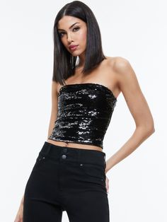 Vivi Sequin Cropped Top In Black Glamorous Cropped Sequin Crop Top, Glamorous Sequined Crop Top, Evening Sequined Crop Top, Evening Sequin Crop Top, Glamorous Stretch Crop Top For Party Season, Evening Sequined Stretch Crop Top, Evening Sequin Stretch Crop Top, Glamorous Evening Crop Top With Contrast Sequin, Glamorous Stretch Cropped Crop Top