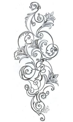 a drawing of an ornate vine with leaves and swirls on the bottom half of it