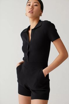 Live The Process Astrid Romper | Urban Outfitters Perfect Symmetry, Detail Oriented, Fitted Style, Fabric Covered Button, Mini Shorts, China Fashion, Womens Activewear, Black Fits