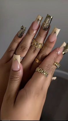 Arabian Nails Design, Mixed Metals Nails, Nail Inspo Trendy Fall, Baddie Acrylic Nails Designs, Classy Acrylic Nails, Nails Only