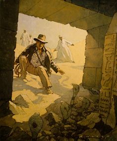 a painting of a man kneeling down in the desert