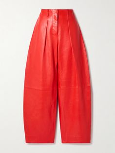 Jacquemus' Spring '24 collection is inspired by the work of sculptor Alberto Giacometti - specifically his 1920s piece,  Femme Cuillère  - and the resulting designs are a play on volume and proportion. These pants are cut from vibrant red leather and have pleated barrel legs and a high waist. Brazil Clothing, Barrel Pants, Jean Trench Coat, Alberto Giacometti, Sports Trousers, Sport Swimwear, Red Pants, Dope Outfits, Fashion Line