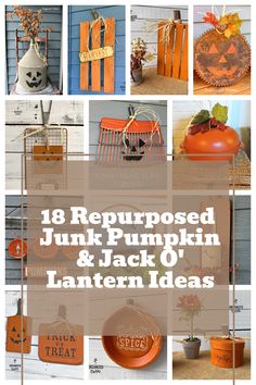 pumpkins and jack o lantern decorations are featured in this collage