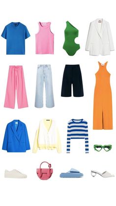 Clothes Capsule Wardrobe, Color Blocking Outfits, Basic Wardrobe, Travel Capsule, Summer Capsule Wardrobe, Capsule Outfits, Wardrobe Outfits, Light Spring, Colourful Outfits