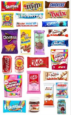 many different types of candy are shown together