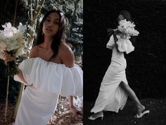 a woman in a white dress holding flowers