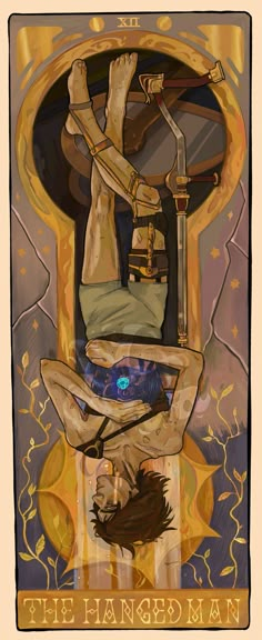 the hanging man tarot card with an image of a person holding a bird on it's back