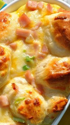 a casserole dish with ham and cheese