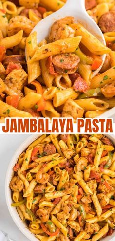 two pictures with different types of pasta in them and the words jambaalaya pasta