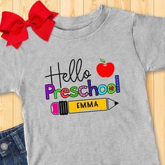 Get ready for the first day of preschool pictures with these adorable personalized school tshirts. These super buttery soft tshirts are 100% Airlume combed and ring-spun cotton jersey with a tear-away label for extra comfort. Choose from white, athletic grey or pink. For personalization: At checkout please write child's name and Pre-K or Preschool. Kindergarten through 5th grade Tshirts also available in Child's sizes S, M, L, XL. .: 100% Airlume combed and ringspun cotton (fiber content may var First Day Of Preschool Pictures, Preschool Pictures, First Day Of Preschool, Preschool Shirts, First Day Of School Shirt, Church Music, Preschool Kindergarten, School Shirts, 5th Grade