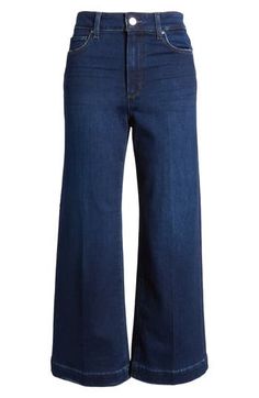 These wide-leg jeans with a deep-blue wash and roughed-up edges offer a rigid look, but the denim is surprisingly soft and stretchy with great recovery. 93% cotton, 5% polyester, 2% spandex Machine wash, line dry Imported Dark Wash Relaxed Fit Flare Jeans For Work, Relaxed Fit Dark Wash Flare Jeans For Work, Chic Cropped Jeans With Frayed Hem In Dark Wash, Dark Wash Denim Flare Jeans For Work, Wide Leg Cropped Jeans For Work, Dark Wash Cropped Jeans With Frayed Hem For Work, Dark Wash Mid-rise Flare Jeans For Work, Mid-rise Dark Wash Flare Jeans For Work, Trendy Cropped Jeans In Dark Wash For Workwear