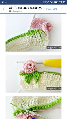 the crochet flower is being worked on by two different people, one in pink and green