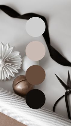 an assortment of items are displayed on a white surface with black and brown ribbons around them