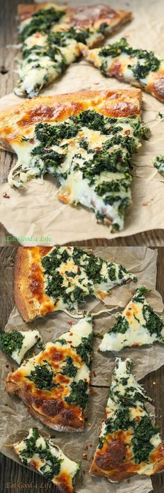 several slices of pizza with cheese and spinach