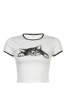 Material: 95%Polyester5%Elastane Fitted White T-shirt With Cat Print, Fitted Cat Print T-shirt For Spring, White Cat Print Tops For Summer, Fitted Short Sleeve Tops With Cat Design, Fitted Short Sleeve Tops With Cat Print, Fitted Cat Print T-shirt For Summer, Summer Fitted T-shirt With Cat Print, Fitted White Cat Print Top, Fitted Summer T-shirt With Cat Print