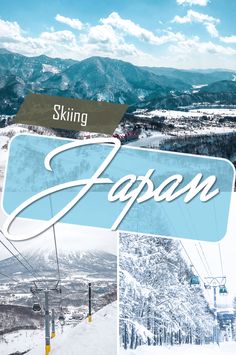 a collage of skis and mountains with the word japan above it in white letters