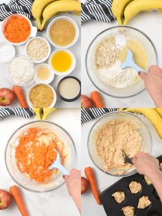 the ingredients are being mixed together in bowls and ready to be baked into muffins