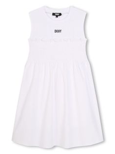 white stretch-cotton logo print to the front round neck sleeveless smocked panel straight hem Kids White Dress, Dkny Dress, Girls White Dress, Girls Casual Dresses, Smocked Dress, Ralph Lauren Dress, Kids Logo, Vestido Casual, Cotton Logo