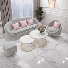 a living room filled with white furniture and pink pillows