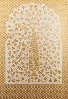 an intricate gold and white paper with the eiffel tower surrounded by leaves on it